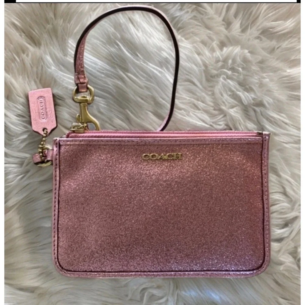 Coach Pink Glitter Wristlet‎ Gold Tone Hardware Zip Top Pouch with Card Slots